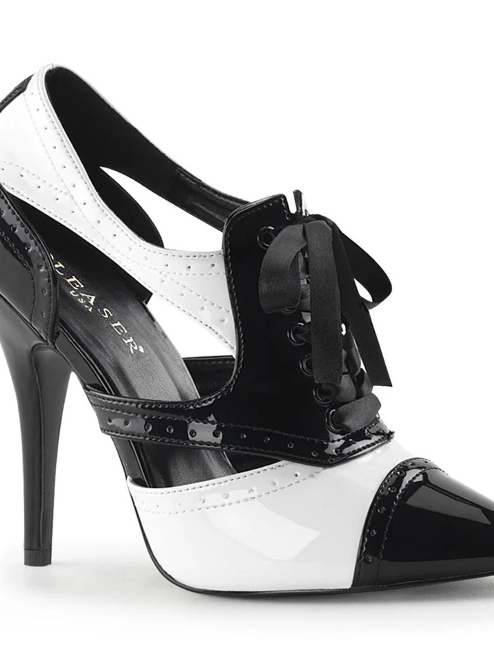 Pleaser Black and White Patent Lace-Up Pointed Toe Pumps